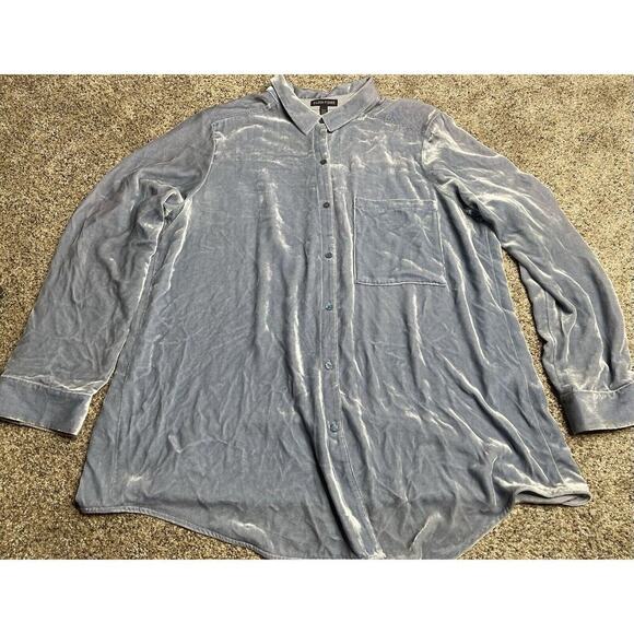 Eileen Fisher Sz Large Velvet Silk Blend Tunic Button Up FLOWY Lagenlook Blue - Picture 1 of 9